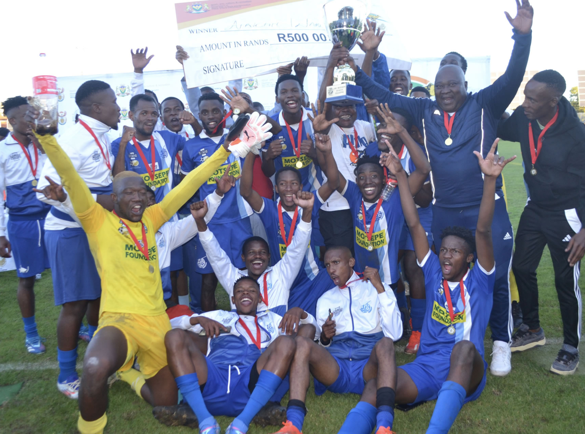 African Warriors the champions of the 2024/25 Safa Free State ABC Motsepe league celebrate with a league trophy. PHOTO: Tladi Moloi