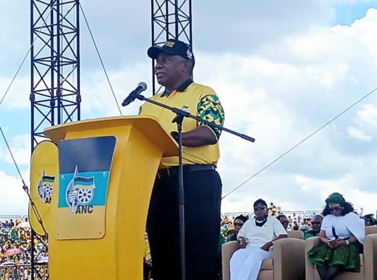 President of the African National Congress, Cyril Ramaphosa, speaking at the 114th ANC January 8 celebrations in North West. PHOTO: Abigail Visagie